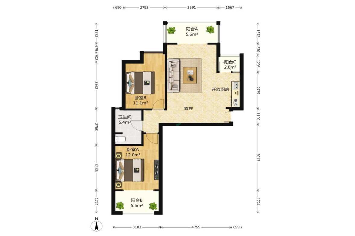 航天城上城  2室2厅1卫    3500.0元/月室内图1