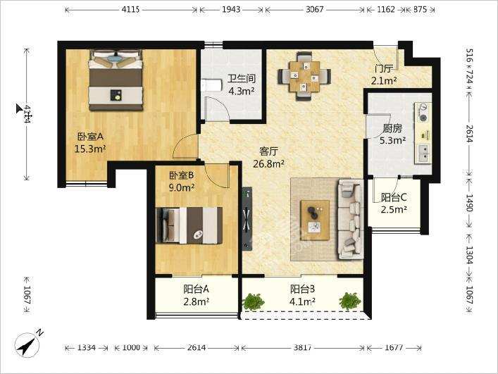 天合丶凯旋城  2室1厅1卫    4000.0元/月室内图1