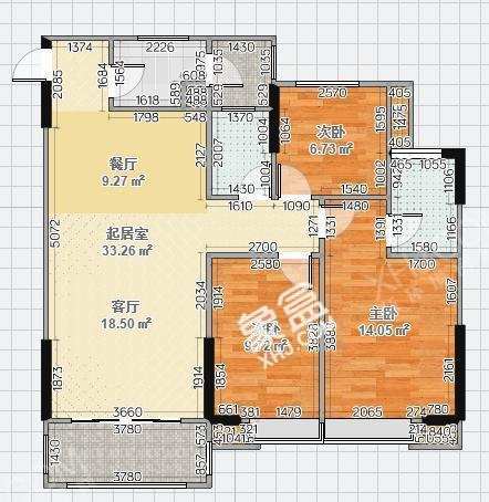 清凤时代城  2室2厅1卫    3600.0元/月室内图1