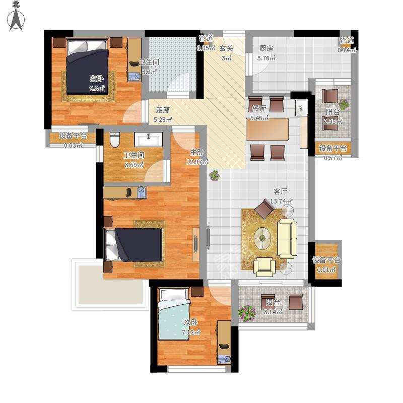 建发鹭洲国际  3室2厅2卫   6500.00元/月室内图1