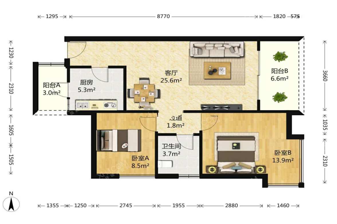 金沙鹭岛一期  2室2厅1卫   2700.00元/月室内图1